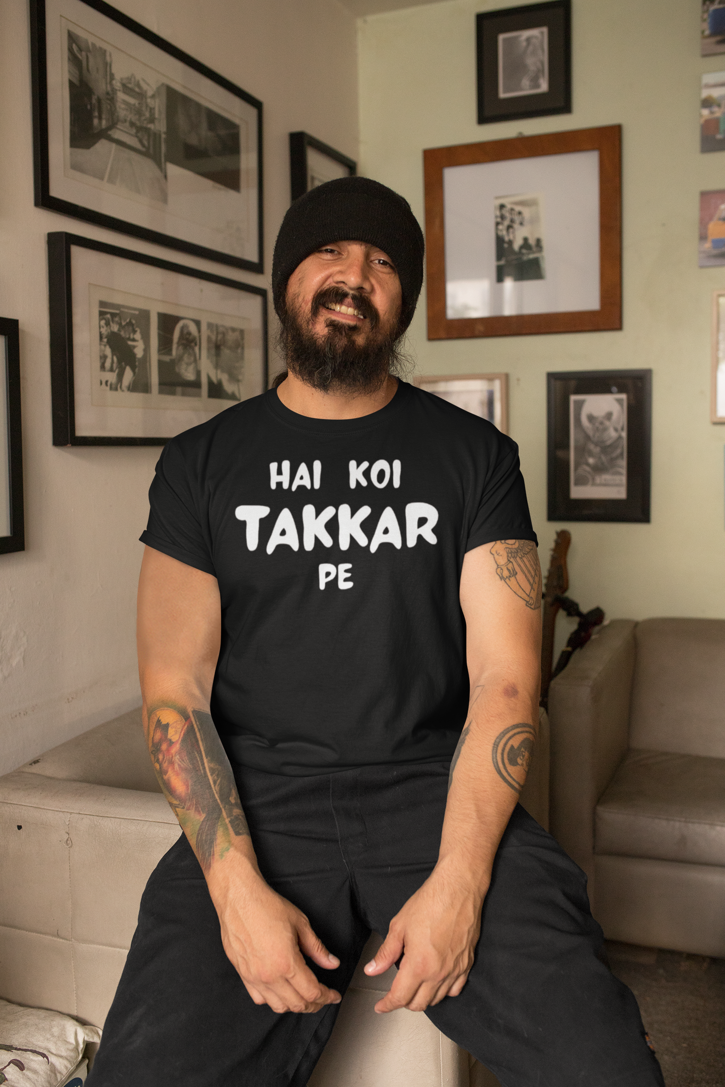 Hai Koi TAKKAR Pe Print Black T-shirts